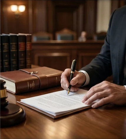 A solicitor signing documents at a desk